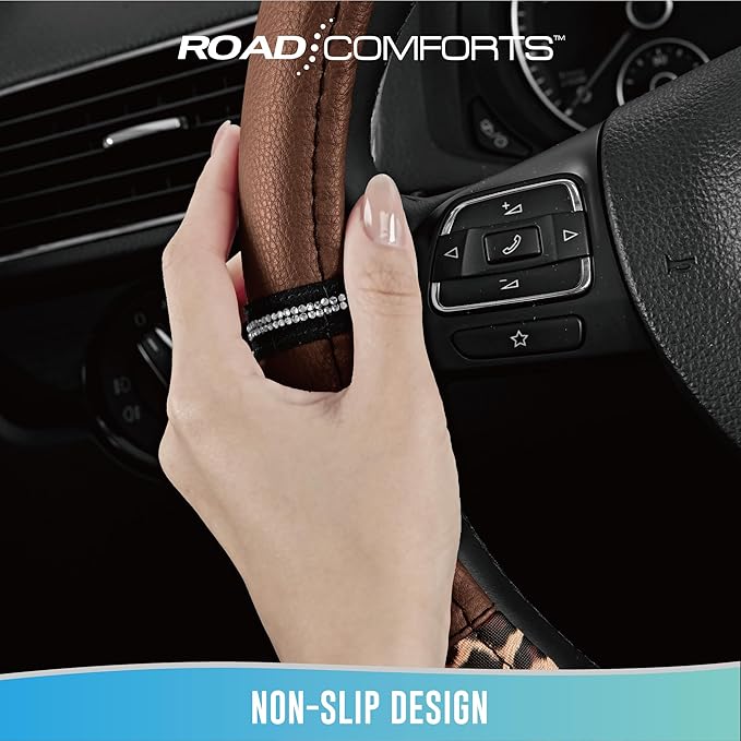 Road Comforts Leopard Steering Wheel Cover for Women, Cute Anti-Slip Microfiber Leather, Universal Fit 14.5-15 Inch Round Ste