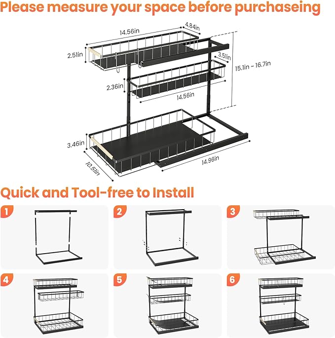 Under Sink Organizer and Storage for Bathroom and Kitchen - 2 Pack 3 Tier Under Cabinet Pull Out Shelf Organizers - Slide Out