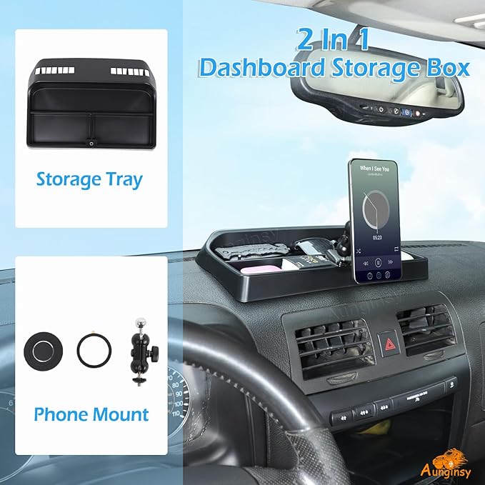Aunginsy Center Console Dash Storage Tray with Magnetic Suction Phone Holder Compatible with Hummer H3 2005-2009, Dashboard Multi-Functional Mobile Phone Mount Storage Box Organizer Tray Accessories