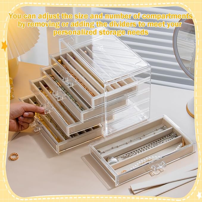 Necklace Organizer Box with 5 Drawers 30 Compartments, Dustproof Velvet Necklace Display Tray, Acrylic Necklaces Display Case