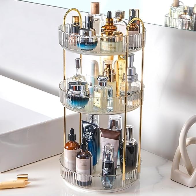 Rotating Makeup Organizer Countertop 3 Tier Lazy Susan Trays Clear Skincare Perfume Storage for Bathroom Counter Vanity, Tran