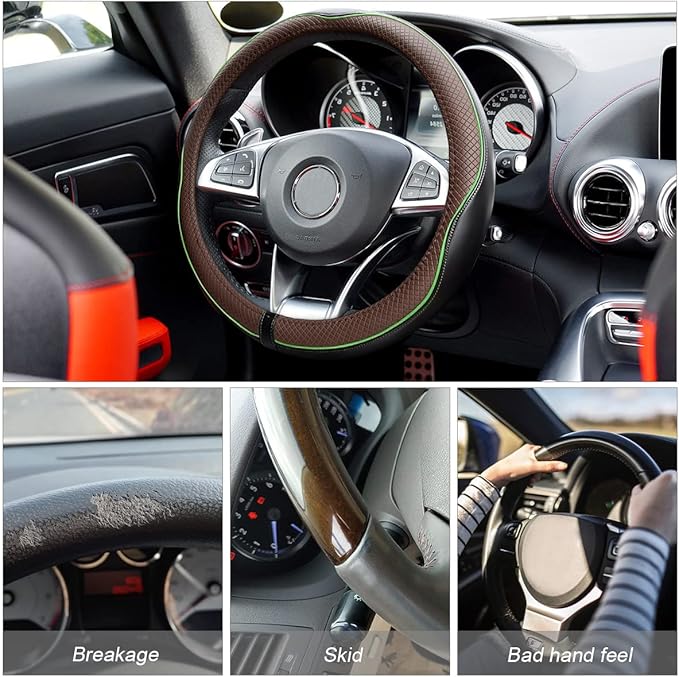Leather Steering Wheel Cover, Soft Breathable Anti-Slip Protector for Car, Truck, SUV - Universal Fit 15 Inch for Women and M