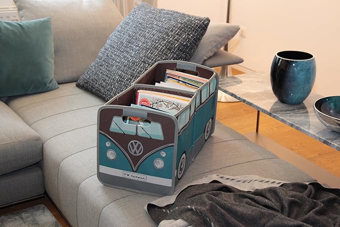 BRISA VW Collection - Volkswagen Foldable Storage Trunk Box Bag for Grocery Shopping in VW T1 Bus Campervan Shape (Classic Bus/Petrol & Brown)