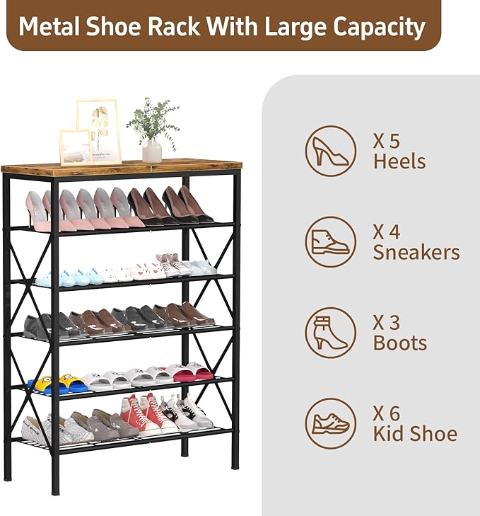 6 Tiers Metal Shoe Rack，Large Capacity Shoe Rack Holds 24 Pairs of Shoes, Durable and Stable, Adjustable Metal Shelf Stackabl