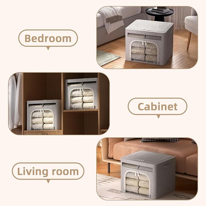 FHSQX 6 Pack Foldable Storage Bins for Clothes Clothes Storage Bins with Metal Frame Stackable Storage Box with Lid (Light Gr