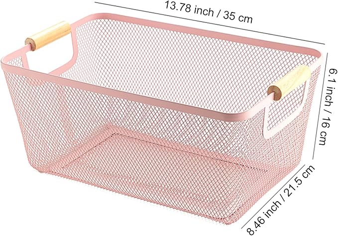 AJIODA Metal Mesh Steel Basket, Large Wire Storage Organizer Basket Multi-function Hanging Kitchen Baskets with Wood Handle f