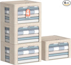 CYhom 4 Pack Clothes Storage Bins with Metal Frame - Linen Fabric Foldable Stackable Container Organizer Set with Clear Windo
