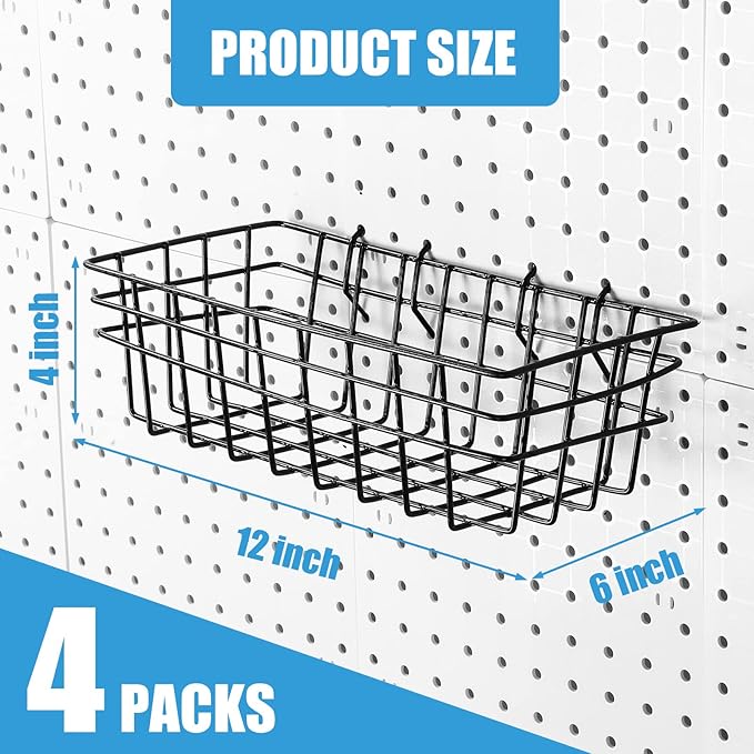 Sieral 4 Pcs Large Pegboard Baskets Set 12 x 6.5 x 4 Inch Black Metal Wire Baskets Peg Board Organizer Accessories Wall Mount