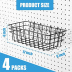 Sieral 4 Pcs Large Pegboard Baskets Set 12 x 6.5 x 4 Inch Black Metal Wire Baskets Peg Board Organizer Accessories Wall Mount