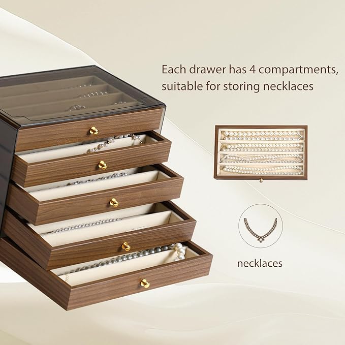 CLUQMEIK 5 Layer Necklace Jewelry Box, Vintage Wooden Jewelry Box with Acrylic Cover Stackable Necklace Storage Organizer for