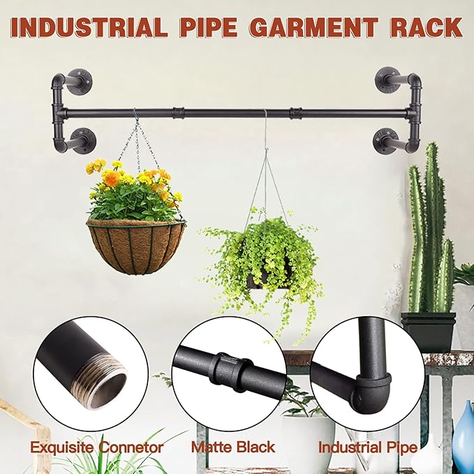 Wall Mounted Clothes Rack - 54" Industrial Pipe Clothing Garment Rack, Space-Saving Heavy Duty Detachable Black Iron Clothes 