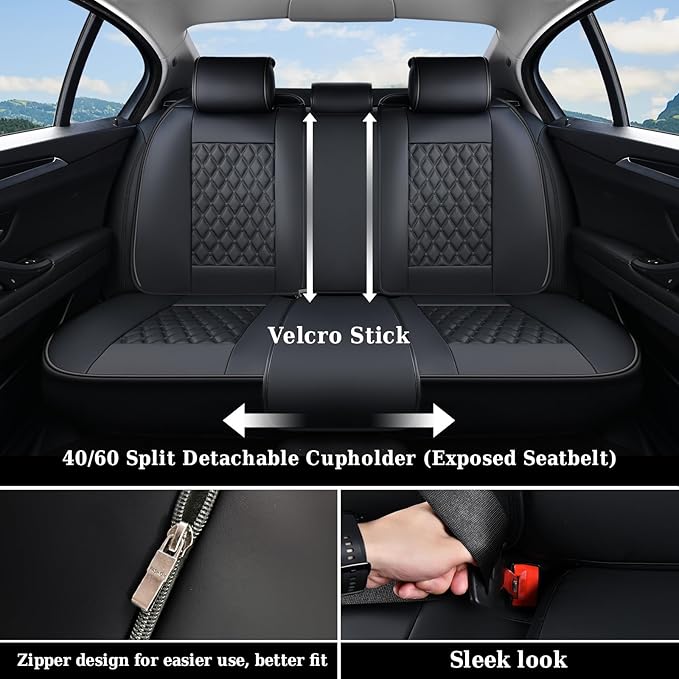 Coverado Full Set Car Seat Covers, Black Leather Seat Protectors, Luxury Front & Back Car Seat Covers,Waterproof Universal Fi