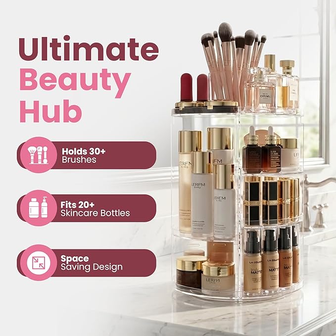 Masirs 360 Rotating Makeup Organizer Countertop - Adjustable Shelf Height - The Perfect Round Spinning Cosmetic Organizer for