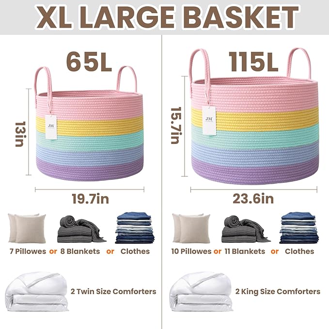 JMvicyroam 115L Extra Large Blanket Basket for Living Room - Woven Cotton Rope Laundry Hamper with Reinforced Handles - Stora