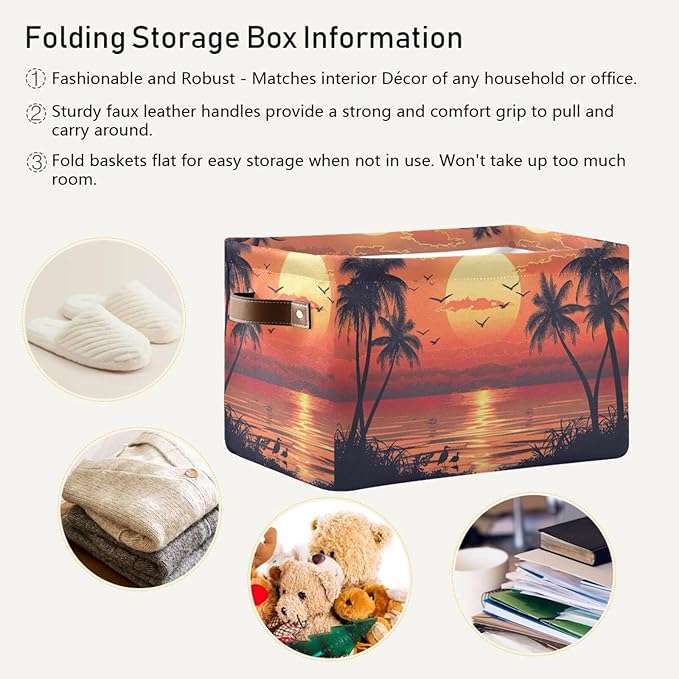 xigua Summer Palm Trees Storage Basket Collapsible Storage Bins Waterproof Canvas Storage Basket with Leather Handles for Hom