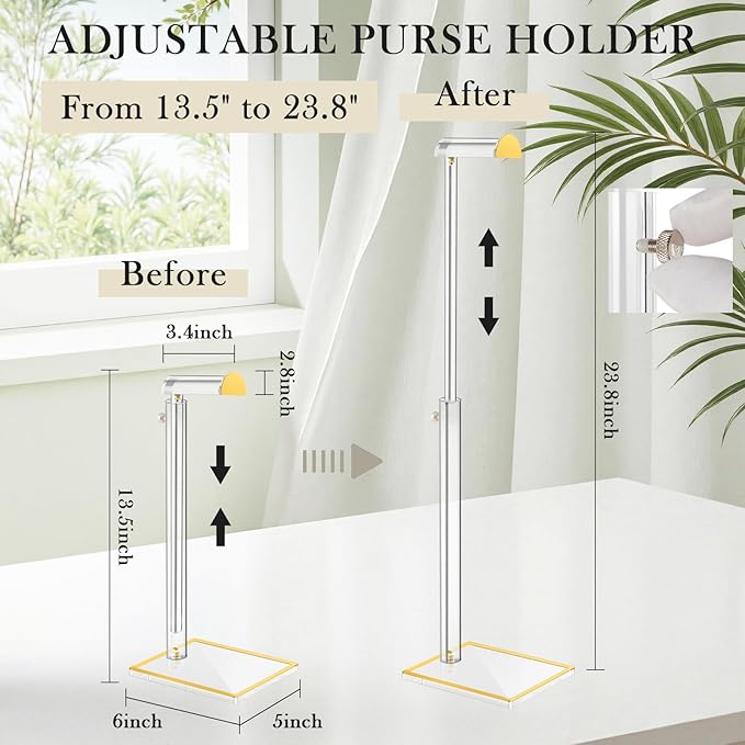 Acrylic Handbag Display Stand Gold Trim Purse Holder, 14"-24" Adjustable Height Thicken Anti-slip Base Clear Purse Rack Hangi