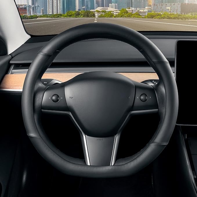SEG Direct Flat Bottom Steering Wheel Cover, D Shaped Car Wheel Cover 14-14 1/4 in. (35.5-36 cm), for Tesla Model 3 / Y, for 
