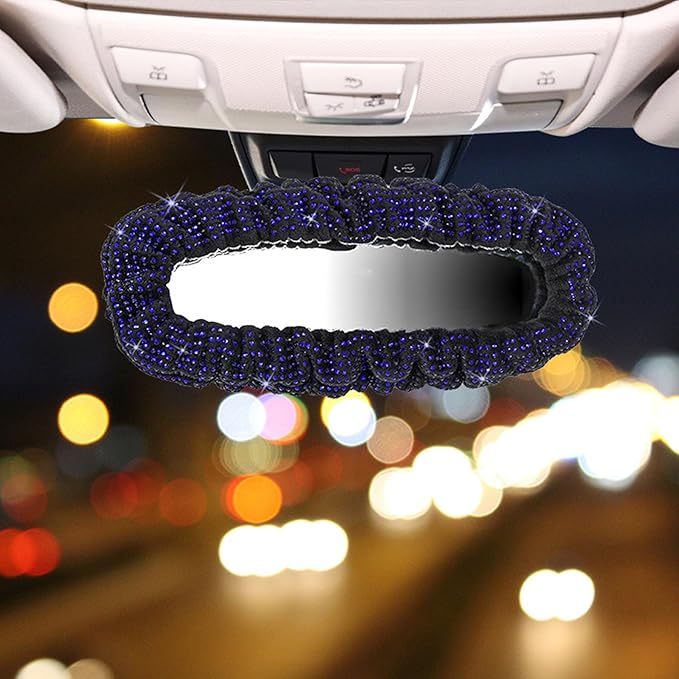 Bling Car Rearview Mirror Cover with Crystal Rhinestones Women's Full Drill Head Pillow Cover Interior Accessories - Universal Fit, Blue