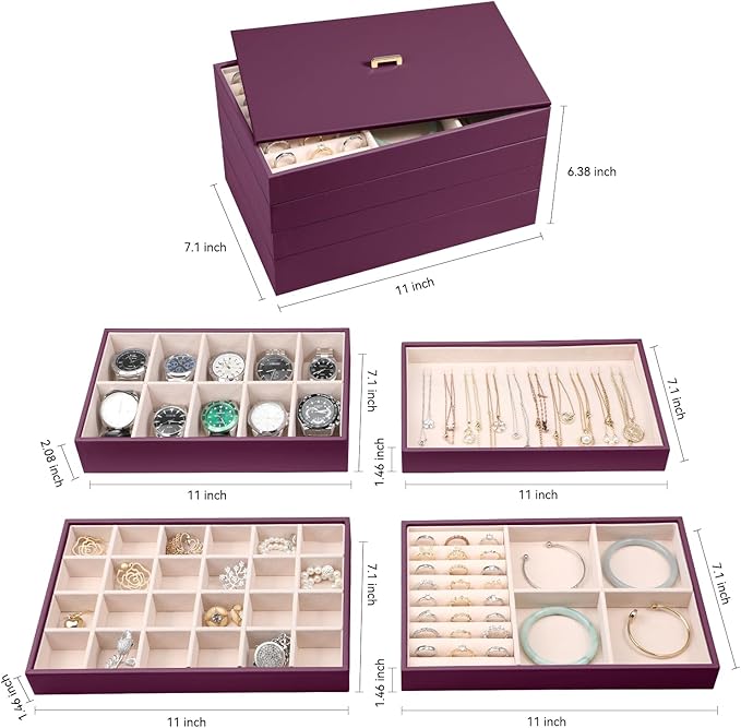 Voova Stackable Jewelry Organizer Tray with Lid, PU Leather Jewelry Storage Holder for Drawer Inserts, Jewellery Display Box 