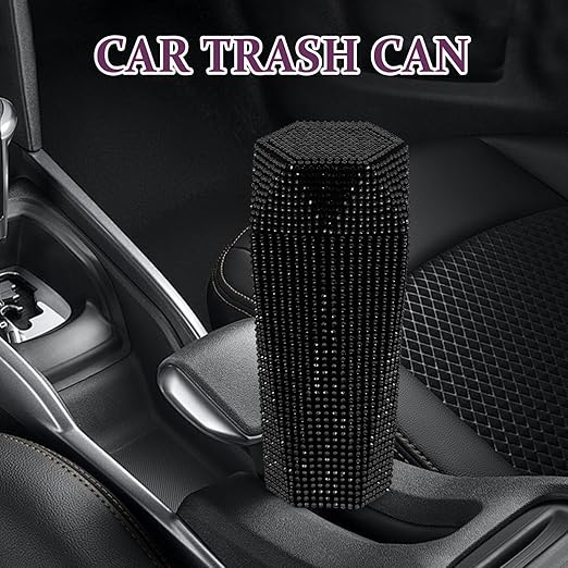 iplusmile Bling Car Trash Can with Lid, Black Rhinestone Sparkly Auto Garbage Bin for Women Girls, Mini Vehicle Waste Container Organizer for Cup Holder, Interior Decor Accessories