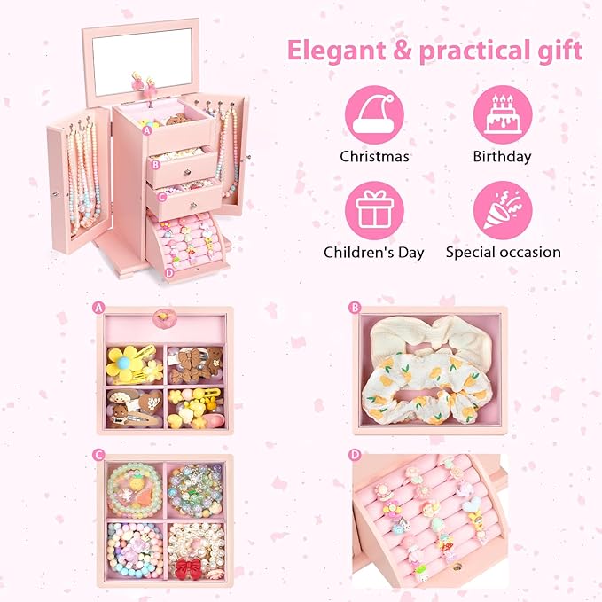 Emfogo Musical Jewelry Box for Girls, Large Kid Music Box with Ballerina for Birthday Bedroom Decor, 5 Layer Girl Jewelry Gif