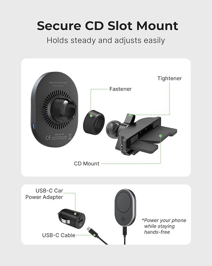 15W MagSafe Car Mount CD Slot Charger, Wireless Car Charger Phone Holder, Magnetic CD Mount Charger with N52 Magnet, Fast Charging, 360 Rotation, Compatible with iPhone 14/15/16/17/Galaxy