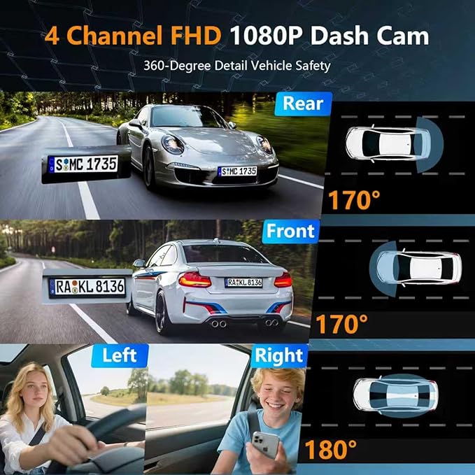 4 Channel Dash Cam Front and Rear Cabin, 360° Dash Camera ，Night Vision 8 IR Lamps Dash Camera for Cars, 5G WiFi for Download