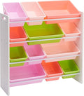 Amazon Basics Kids Toy Storage Organizer with 12 Plastic Bins, White Wood with Pink Bins, for Bedroom and Playroom, 10.9" D x