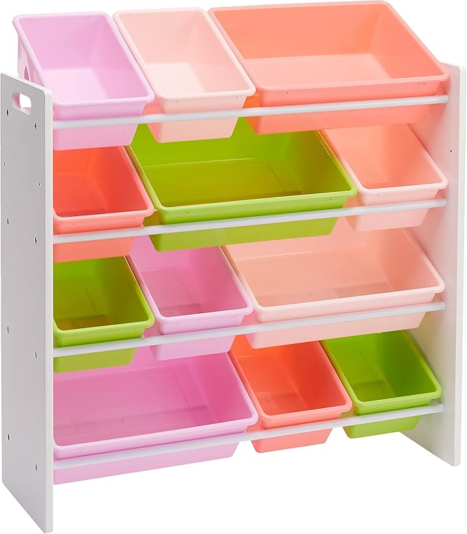Amazon Basics Kids Toy Storage Organizer with 12 Plastic Bins, White Wood with Pink Bins, for Bedroom and Playroom, 10.9" D x