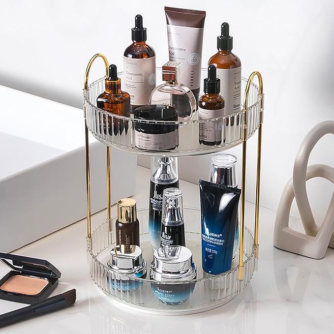 Rotating Makeup Organizer Countertop 2 Tier Lazy Susan Trays Clear Skincare Perfume Storage for Bathroom Counter Vanity, Tran