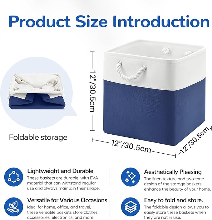 12 x 12 Inch Cube Storage Bins, 4 Pack Fabric Storage Basket with Handles, Foldable Boxes Organizer for Shelf Baskets for Hom