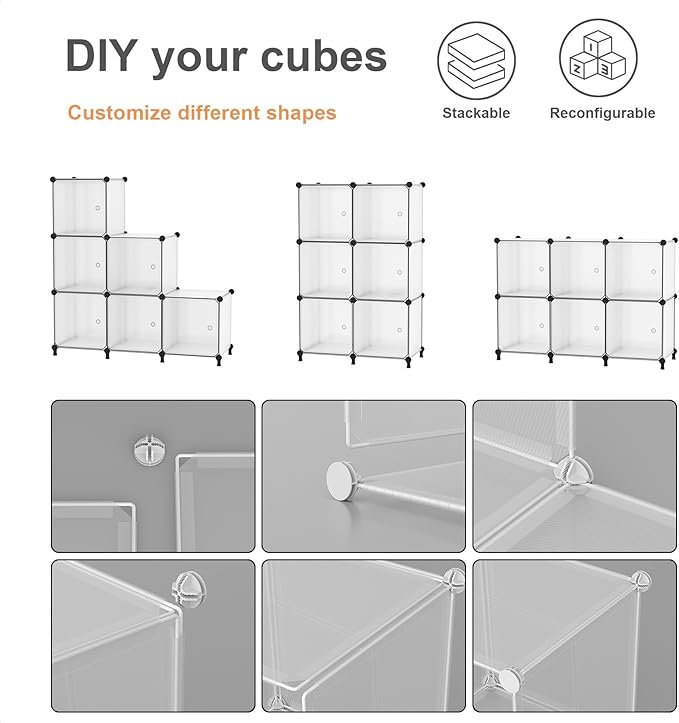 Cube Storage Organizer, 6-Cube Shelves Unit with Doors, DIY Stackable Plastic Clothes Organizer for Bedroom and Under Stairs 