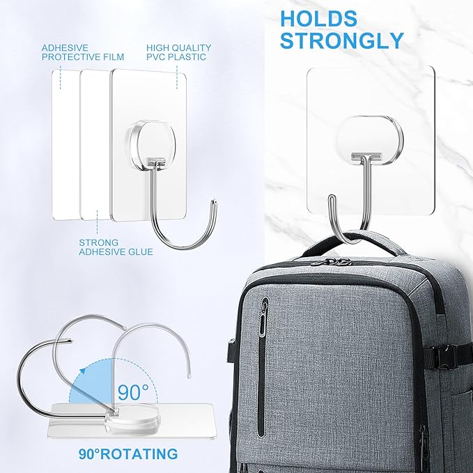 JINSHUNFA Adhesive Wall Hooks 13LB Heavy Duty No Drill Large Transparent Waterproof Hooks for Bathroom Kitchen Towel Coat 12 