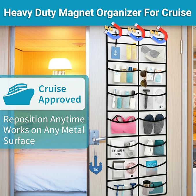 Magnetic Cruise Organizer, 14 Large Durable Pockets Over The Door Organizer For Cruise Ships, Magnetic & Hanging Cruise Organ