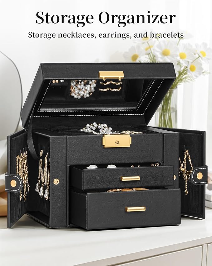 TORIBIO Jewelry Box for Women, Leather Jewelry Organizer with Mirror & Lock, 3-Tier Jewelry Storage Organizer with 2 Drawers 