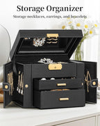 TORIBIO Jewelry Box for Women, Leather Jewelry Organizer with Mirror & Lock, 3-Tier Jewelry Storage Organizer with 2 Drawers 