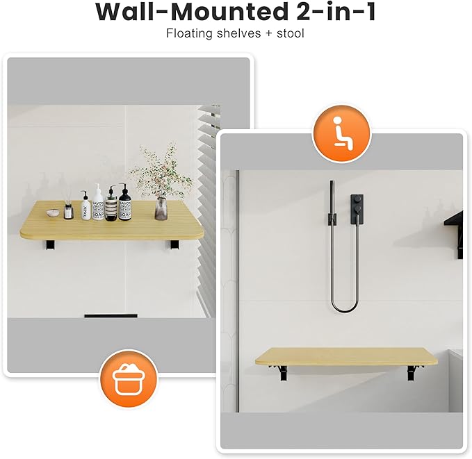 Foldable Floating Wall Shelves 20 inch, Bathroom Shelves Wall Mounted,12" Deep Wood Floating Kitchen shelves,Easy to Install 