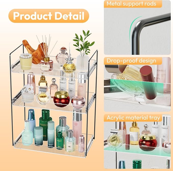 Bathroom Countertop Organizer, 3 Tier Metal Vanity Counter Skincare Shelf, Matte Black Under Sink with Acrylic Tray, Home Sto
