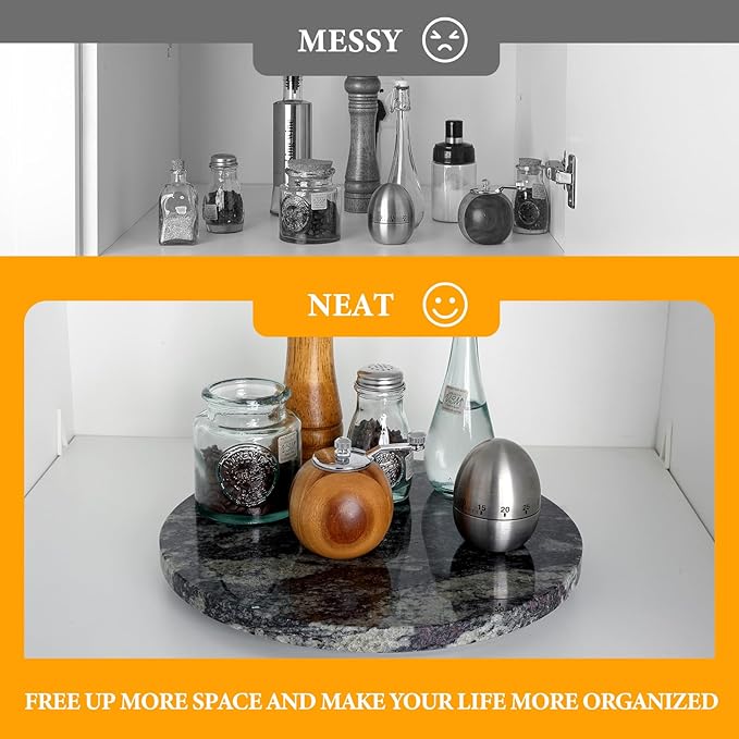 Koville 12'' Black Marble Lazy Susan for Dinning, Marble Turntable for Kitchen Counter, Lazy Susans Organizer for Cabinet, Se