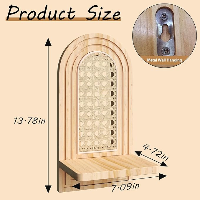 Rattan Wall Shelf Set of 2, 7'' Natural Floating Shelves Boho Decor, Rustic Wood Arched Rattan Wall Mounted Storage Shelves f