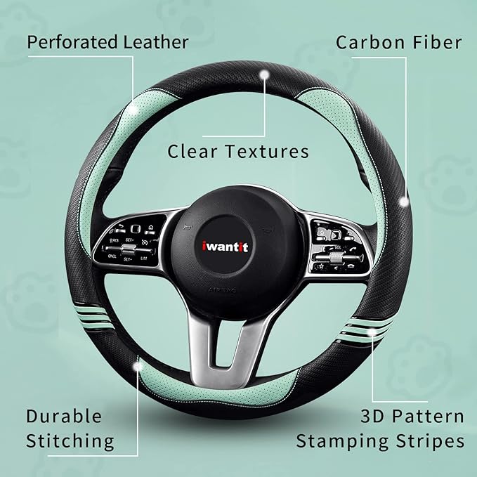 Iwantit® Steering Wheel Cover with Carbon Fiber and Anti-Slip Rubber Ring,Universal Fit 14.5-15 inches for Cars,SUV (Fruit Gr