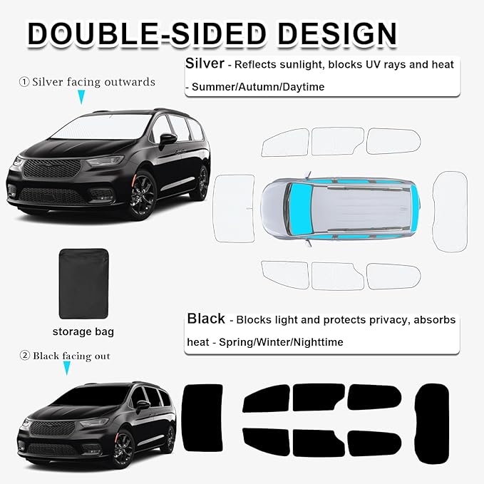 KMF 8pcs Thicken Sun Shades for Chrysler Pacifica 2017-2025 Accessories, Full Car Window Covers Sunshade for Windshield Side Rear, UV Block and Blackout Privacy for Camping Outdoor