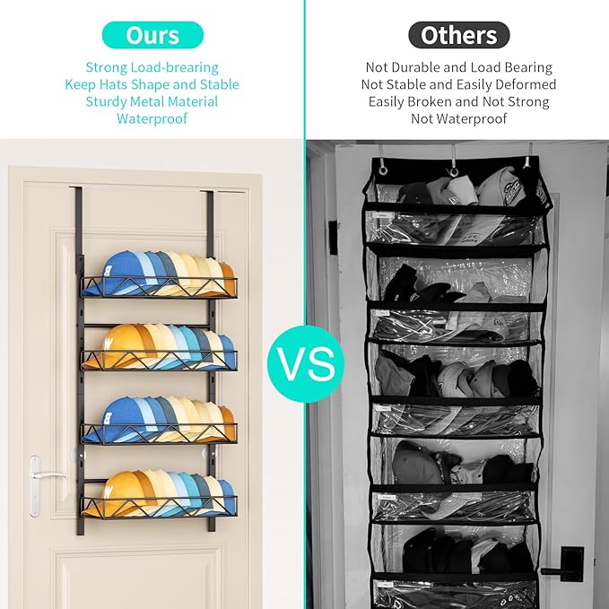 HapiRm Over the Door Hat Organizer - 4 Tier Wall Mounted Hat Rack with 4 Adjustable Metal Basket, Baseball Caps Organizer Sto