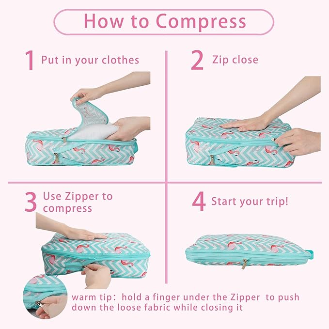 6 Pcs Compression Packing Cubes, Packing Cubes for Travel, Waterproof Luggage Organizer Bags Set, Cute Packaging Cubes for Wo