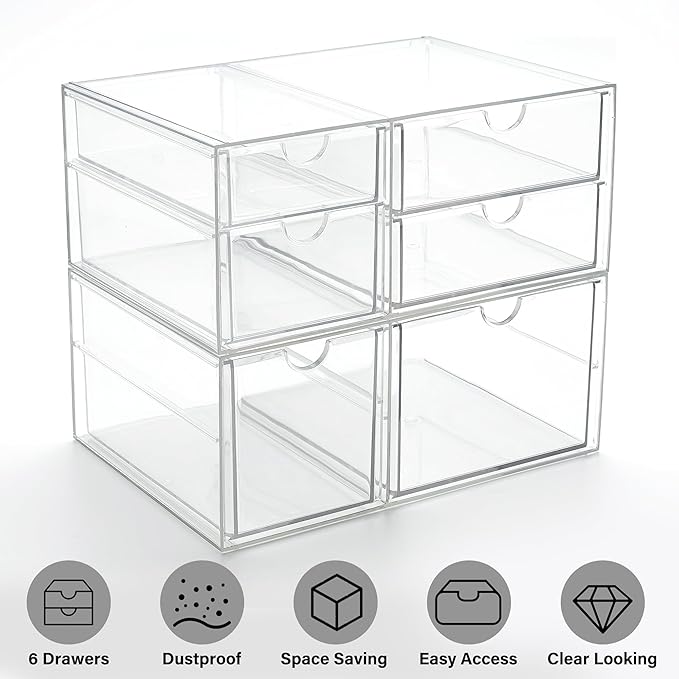 Prsildan Acrylic Drawer Makeup Organizer with 6 Drawers (Not for Baby Bottle), Set of 2 Office Desk Organizers Accessories, C