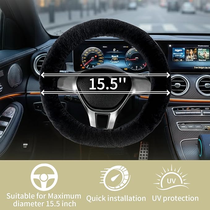 AEGIS Cover Sheepskin Steering Wheel Cover Premium Luxury AUS Genuine Merino Wool All-Season Non-Slip for Cars Fits 14.5-15.5" Wheels (Black)