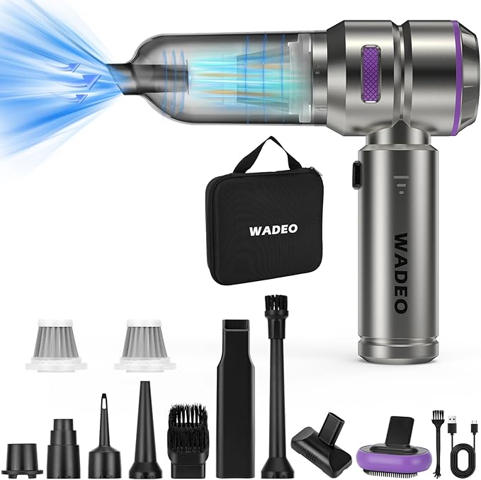 WADEO Handheld Vacuum Cordless, 4-in-1 21000PA Brushless Car Vacuum & 210000RPM Air Duster 7500mAh Battery Air Blower Wireles