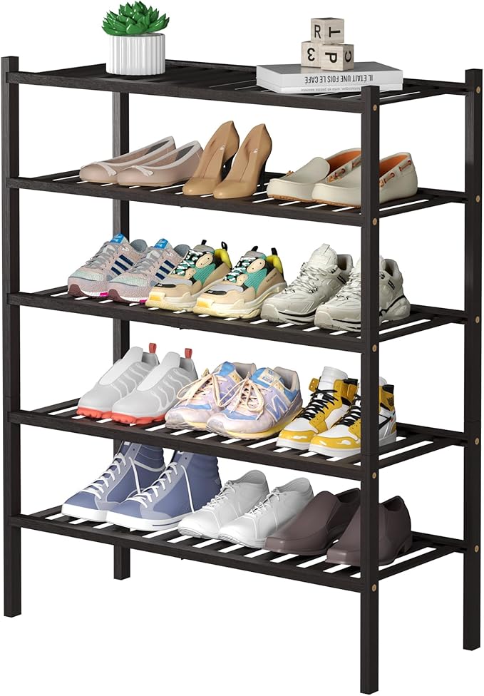 ROMGUAR CRAFT 5 Tier Bamboo Shoe Rack for Closet Free Standing Wood Shoe Shelf for Entryway Small Space Stackable 27"x11"x33"