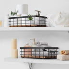 TJ.MOREE Small Metal Wire Basket, Decorative Wood Base Organizer for Bathroom, Kitchen, Basket for Toilet Paper Storage, Suga