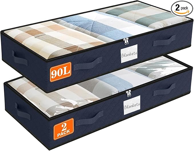 SpaceWhisper 90L Under Bed Storage Containers, 2-Pack Storage Bins with Clear Top, Foldable Closet Organizers and Storage wit